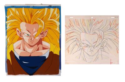 502. Super Saiyan 3 Goku Original Production Pan Cel with Matching Douga from "Goku's Time Is Up" on Hand-Painted Master Background ### DRAGON BALL Z (TV SERIES, 1989-1996)