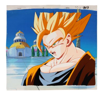 504. Super Saiyan 2 Goku Oversized Original Production Cel from "Super Saiyan 3?!" on Hand-Painted Master Background ### DRAGON BALL Z (TV SERIES, 1989-1996)