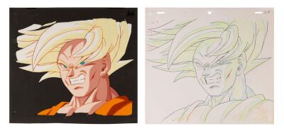 513. Super Saiyan Goku Original Production Cel on Printed Presentation Background with Matching Douga from "Goku vs. Pikkon" ### DRAGON BALL Z (TV SERIES, 1989-1996)