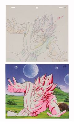 519. Super Saiyan Goku Original Production Cel on Printed Presentation Background with Matching Douga Drawing from "End of Earth" ### DRAGON BALL Z (TV SERIES, 1989-1996)