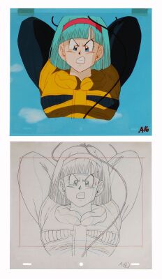 532. Bulma Original Production Cel on Hand-Painted Production Background with Matching Douga from "A Legend Revealed" ### DRAGON BALL Z (TV SERIES, 1989-1996)