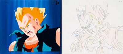 558. Super Saiyan Vegeta Original Production Cel with Matching Douga Drawing from "Piccolo's Best Bet" and timesheet from &ldquo;The Tail's Tale&rdquo; ### DRAGON BALL GT (TV SERIES, 1996-1997)