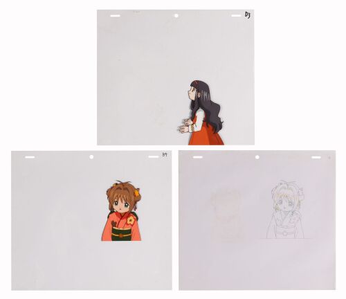 573. Sakura Original Production Cel and Matching Douga Drawing from "Sakura and the Strange Written Fortune", and Tomoyo Production Cel from "Sakura, Panda, and the Cute Shop" ### CARDCAPTOR SAKURA (TV SERIES, 1998-2000)
