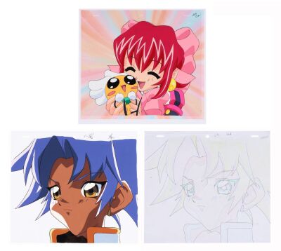 581. Takashi Original Production Cel with Matching Douga, Hibari and Densuke Original Production Cel on Fine Art Gicl&eacute;e Background with Matching Douga Drawing ### CYBER TEAM IN AKIHABARA (TV SERIES, 1998)