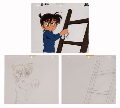 584. Conan Edogawa Original Production Cel with Two Matching Douga Drawings from ''The Famous Potter Murder Case Part 2'' ### DETECTIVE CONAN (TV SERIES, 1996-PPRESENT)