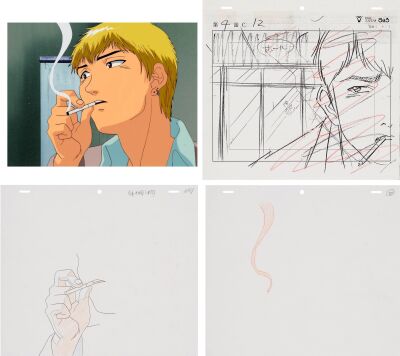 603. Onizuka Original Production Cel on Hand-Painted Key Master Production Background, Two Matching Douga Drawings and Layout Copy from "Lesson 4: The Secret Life of Onizuka" ### GREAT TEACHER ONIZUKA (TV SERIES, 1999-2000)