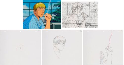 604. Onizuka Original Production Cel on Hand-Painted Key Master Production Background, Three Matching Douga Drawings and Layout Copy from "Lesson 6: Conspiracies All Around" ### GREAT TEACHER ONIZUKA (TV SERIES, 1999-2000)