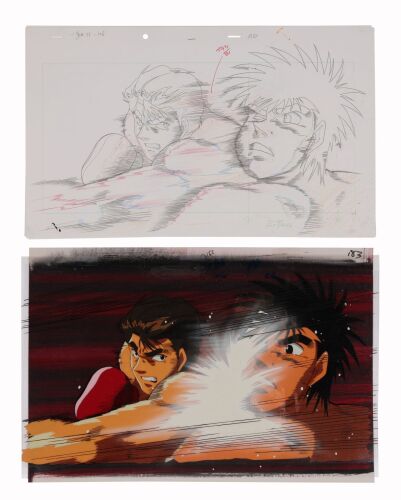 Lot # 606. Ippo Makunouchi and Yusuke Oda Original Production Pan Cel on Presentation Background with Matching Douga Drawing from "Obsession for Victory" ### HAJIME NO IPPO (TV SERIES, 2000-2002)