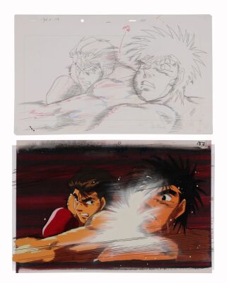 Lot # 606. Ippo Makunouchi and Yusuke Oda Original Production Pan Cel on Presentation Background with Matching Douga Drawing from "Obsession for Victory" ### HAJIME NO IPPO (TV SERIES, 2000-2002)
