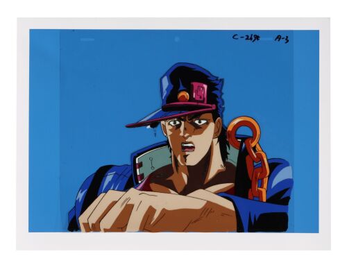 608. Jotaro Kujo Original Production Cel on Fine Art Gicl&eacute;e Background from "Iggy the Fool and N'Doul the GEB (Pt. I)" ### JOJO'S BIZARRE ADVENTURE (TV MINI SERIES, 1993-2002)
