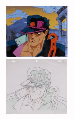 613. Jotaro Kujo Original Production Cel on Printed Presentation Background with Matching Douga Drawing from "D'Arby the Gambler" ### JOJO'S BIZARRE ADVENTURE (TV MINI SERIES, 1993-2002)
