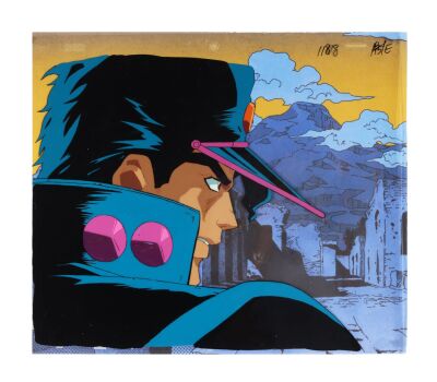 615. Jotaro Kujo Original Production Cel on Printed Presentation Background from "DIO's World: The Warrior of the Void: Vanilla Ice" ### JOJO'S BIZARRE ADVENTURE (TV MINI SERIES, 1993-2002)