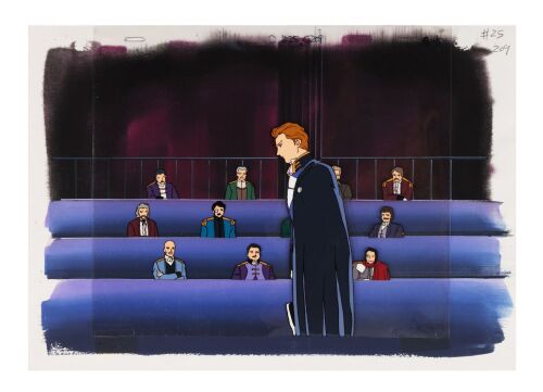 628. Treize Khushrenada addresses OZ Leadership Original Production Cel from "Quatre VS Heero" on Hand-Painted Key Master Production Background ### MOBILE SUIT GUNDAM WING (TV SERIES, 1995-1996)