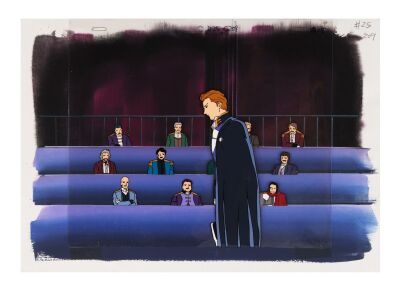 628. Treize Khushrenada addresses OZ Leadership Original Production Cel from "Quatre VS Heero" on Hand-Painted Key Master Production Background ### MOBILE SUIT GUNDAM WING (TV SERIES, 1995-1996)