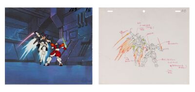 635. Tallgeese and Heavyarms Original Production Cel on Printed Presentation Background with Matching Douga Drawing from "The Sorrowful Battle" ### MOBILE SUIT GUNDAM WING (TV SERIES, 1995-1996)