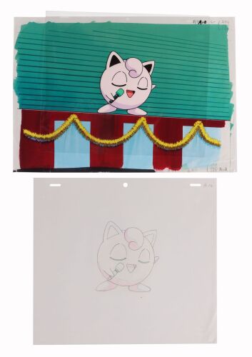 640. Jigglypuff Original Production Cel on Presentation Background and Matching Douga Drawing from "Snack Attack" ### POK&Eacute;MON (TV SERIES, 1997-PRESENT)