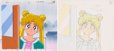 654. Usagi Original Production Cel on Hand-Painted Key Master Background with Matching Douga Drawing from "Mirrors of Dreams: The Amazon's Last Stage" ### SAILOR MOON (TV SERIES, 1992-1997)