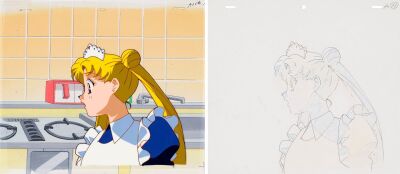 658. Usagi Original Production Cel on Original Production Background with Matching Douga Drawing from "The Stolen Silver Crystal: Princess Kakyu Appears" ### SAILOR MOON (TV SERIES, 1992-1997)