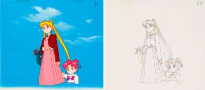 660. Usagi, Luna, and Chibi Chibi Original Production Cel on Original Production Background with Matching Douga Drawing from "Go For Your Dream! Minako Becomes An Idol!?" ### SAILOR MOON (TV SERIES, 1992-1997)
