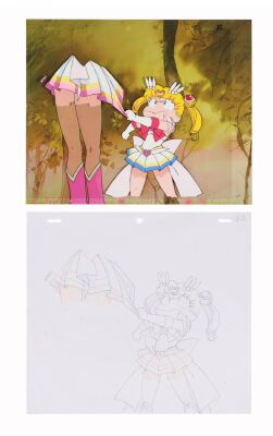 668. Chibi Usagi Original Production Cel on Fine Art Gicl&eacute;e Background with Matching Douga Drawing from "Pegasus's Secret: The Boy Who Protects the Dream World" ### SAILOR MOON SUPERS SPECIALS (TV MINI SERIES, 1995)
