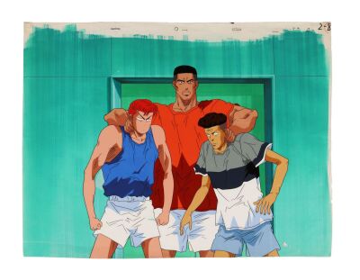 672. Sakuragi, Akagi, and Miyagi Original Oversized Production Cel from "History's Biggest Simpleton Combination is Born!" on Key Master Background ### SLAM DUNK (TV SERIES, 1993-1996)