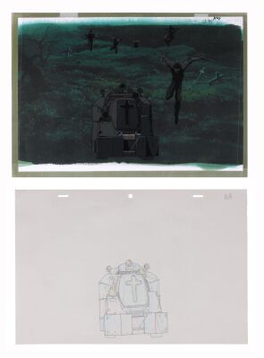 686. Armoured Wagon Original Production Cel on Printed Presentation Background with Matching Douga Drawing ### VAMPIRE HUNTER D: BLOODLUST (2000)