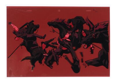 687. Men and Horses Original Production Cel on Fine Art Gicl&eacute;e Background with Matching Douga Drawings ### VAMPIRE HUNTER D: BLOODLUST (2000)