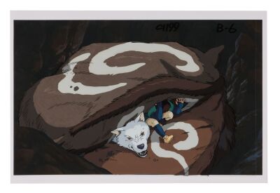 702. Moro and Ashitaka Original Production Cel on Fine Art Gicl&eacute;e Background ### PRINCESS MONONOKE (1997)