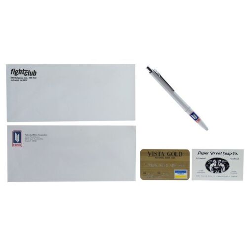 735. Tyler Durden's (Brad Pitt) Credit Card, Paper Street Soap Co. Business Card, and Fight Club Envelope with The Narrator's (Edward Norton) Federated Motor Corporation Envelope and Pen ### FIGHT CLUB (1999)