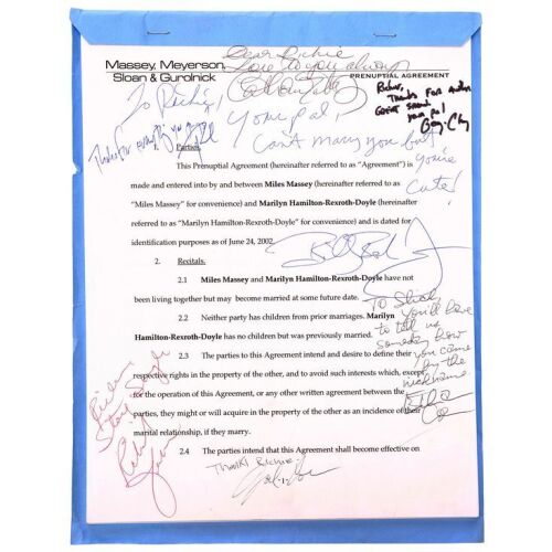 886. Miles Massey (George Clooney) and Marylin Hamilton-Rexroth-Doyle's (Catherine Zeta-Jones) Prenuptial Agreement Signed by Key Cast and Crew ### INTOLERABLE CRUELTY (2003)