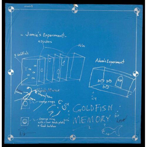 1000. Adam Savage and Kari Byron-Autographed Goldfish Memory Blueprint with Pair of Cast-Autographed Posters ### MYTHBUSTERS (T.V. SERIES, 2003 - 2016)