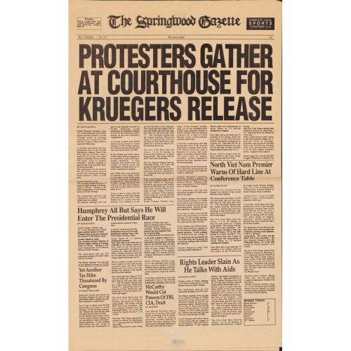 1012. Production-Made "Protestors Gather at Courthouse for Kruegers Release" Springwood Gazette Newspaper Cover ### A NIGHTMARE ON ELM STREET 2: FREDDY'S REVENGE (1985)