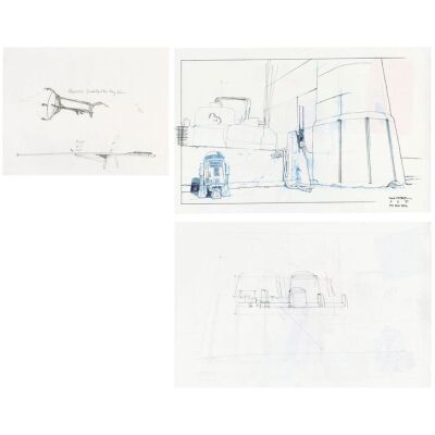 1186. Printed George Lucas Weaponry Concept Sketch with Printed Lucas-Altered "Pit Row Wall" Concept Sketch ### STAR WARS: ATTACK OF THE CLONES (2002)