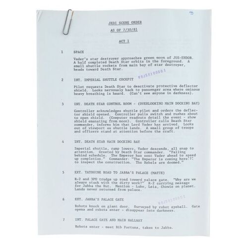 1207. Howard Kazanjian Collection: "Jedi Scene Order" Document ### STAR WARS: RETURN OF THE JEDI (1983)