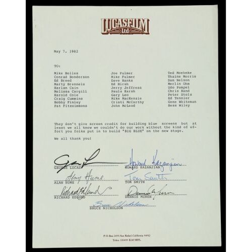 1210. George Lucas and Key Crew-Signed Lucasfilm "Thank You" Letter ### STAR WARS: RETURN OF THE JEDI (1983)