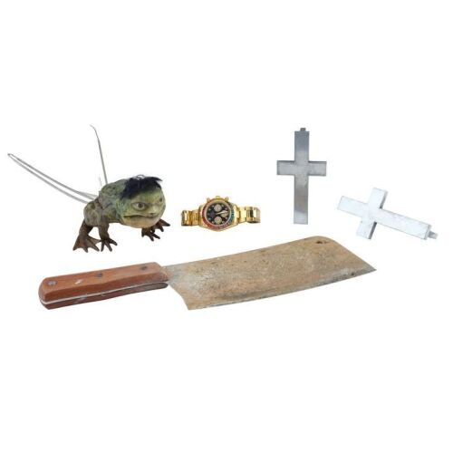 1307. Guillermo de la Cruz's (Harvey Guillen) Pair of Cross Knuckle Dusters, Watch, and Cable-Controlled Hybrid-Frog Puppet with Meat Cleaver ### WHAT WE DO IN THE SHADOWS (T.V. SERIES, 2019 -2024)