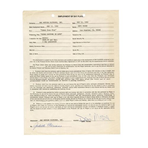2284. Planet Hollywood Collection: Demi Moore-Signed Employment Contract ### YOUNG DOCTOR'S IN LOVE (1982)