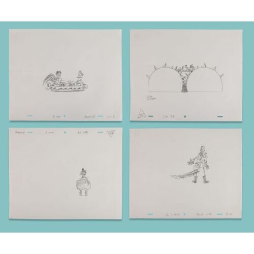 Lot # 29. Four Hand-Drawn Layout Artworks of Rocky and Ginger in Pie, the Pie Machine, Chickens as Mrs Tweedy and Ginger ### CHICKEN RUN (2000)