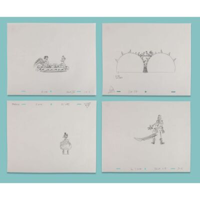 Lot # 29. Four Hand-Drawn Layout Artworks of Rocky and Ginger in Pie, the Pie Machine, Chickens as Mrs Tweedy and Ginger ### CHICKEN RUN (2000)