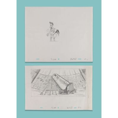 Lot # 36. Pair of Hand-Drawn Layout Artworks of Rocky and the Circus ### CHICKEN RUN (2000)
