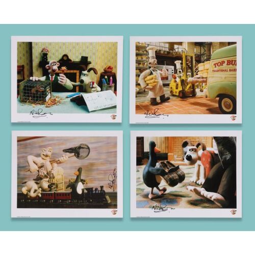 Lot # 64. Set of Four Prints Signed by Nick Park ### WALLACE & GROMIT: THE WRONG TROUSERS (1993)/WALLACE & GROMIT'S CRACKING CONTRAPTIONS (2002)/WALLACE & GROMIT: A MATTER OF LOAF AND DEATH (2008)