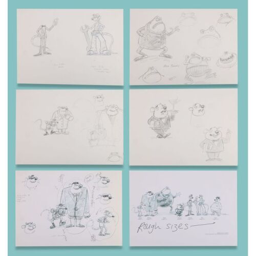 Lot # 74. Collection of Five Pages of Hand-Drawn Character Concept Artwork by Michael Salter and One Production Print ### FLUSHED AWAY (2006)