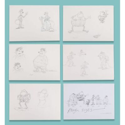 Lot # 75. Collection of Five Pages of Hand-Drawn Character Concept Artwork by Michael Salter ### FLUSHED AWAY (2006)