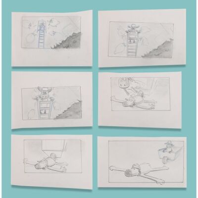 Lot # 87. Collection of Six Hand-Drawn Storyboard Thumbnails from the Wheelbarrow and Ladder Sequences ### SHAUN THE SHEEP (TV SERIES, 2007-2025)