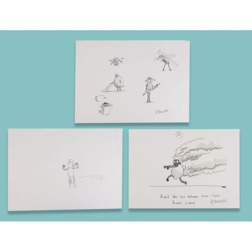 Lot # 88. Three Pages of Shaun Character Development Artwork Hand-Drawn and Hand-Painted by Richard Starzak ### SHAUN THE SHEEP (TV SERIES, 2007-2025)