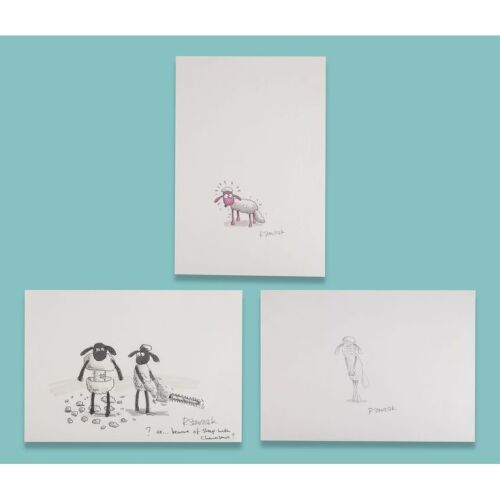 Lot # 92. Three Pages of Shaun Character Development Artwork Hand-Drawn and Hand-Painted by Richard Starzak ### SHAUN THE SHEEP (TV SERIES, 2007-2025)