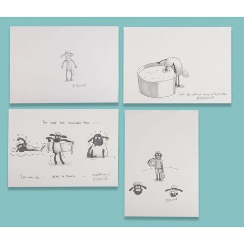 Lot # 94. Four Pages of Concept Artwork Hand-Drawn and Hand-Painted by Richard Starzak ### SHAUN THE SHEEP (TV SERIES, 2007-2025)
