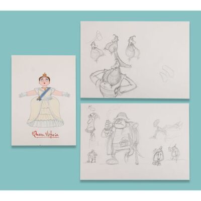 Lot # 130. Queen Victoria Principal Hand-Painted Colour Concept Artwork and Hand-Drawn Character Sketches ### PIRATES! IN AN ADVENTURE WITH SCIENTISTS! THE, (2012)
