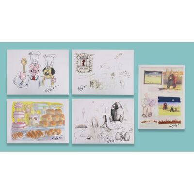 Lot # 193. Set of Five Matte-Printed Pages of Concept Artwork Signed by Nick Park ### WALLACE & GROMIT: A GRAND DAY OUT (1989)/WALLACE & GROMIT: THE WRONG TROUSERS (1993)/WALLACE & GROMIT: A MATTER OF LOAF AND DEATH (2008)