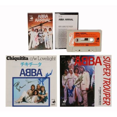 Lot # 5. Anni-Frid Lyngstad, Benny Andersson, Bjorn Ulvaeus and Agnetha Faltskog-Autographed Japanese Arrival Cassette and a Fully Autographed Picture Insert ### ABBA